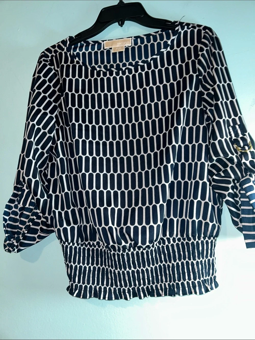 Michael Kors Navy & White Patterned Blouson Top